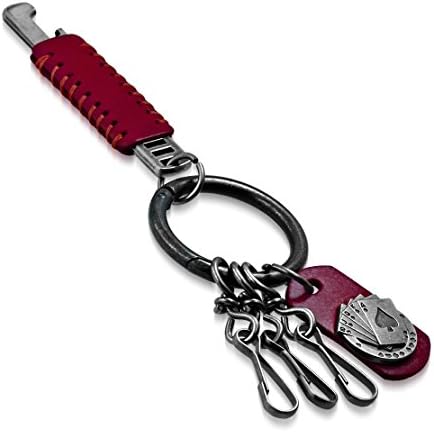 Fashion Alloy 2-Tone Ace of Spade Playing Card Suit Bottle Opener Multi-Purpose Removable Ring Valet Red Leather Key Chain