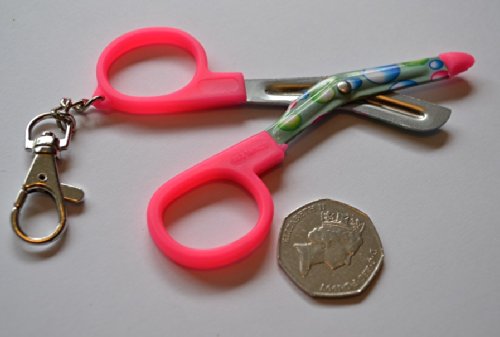 Mini Nurses Utility Scissors with 'Bubble' Pattern Printed Blades - Belt Clip - PINK HANDLE