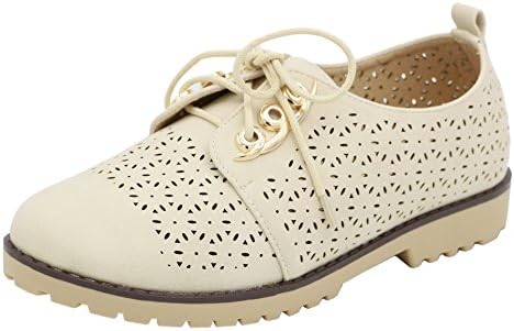 AgeeMi Shoes Women Round Toe Low Heel Lace up Breathable Hollow Out Pumps Shoes,EuD20 Apricot 36