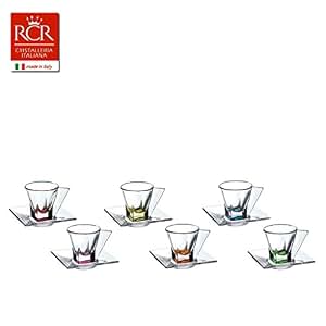 Servizio Caffè RCR Fusion Color – 6 Tazzine E Piattini In Vetro Trasparente E Colorati, Lavabili In Lavastoviglie