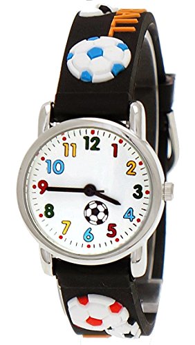 Pure Time Armbanduhr Kinderuhr Kinder Jungen Mädchen Silikon Armband Uhr mit Fußball 3D Motiv Lernuhr in Schwarz Weiß Rot inkl. Uhrenbox