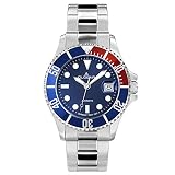 Dugena Herren Automatik-Armbanduhr, Schraubkrone, Gehärtetes Mineralglas, Diver, Silber/Blau/Rot, 4460588