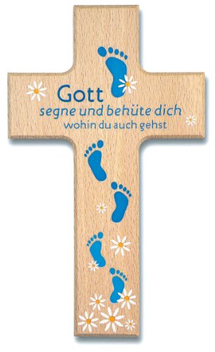 °°2572 Kinderkreuz Holzkreuz "Gott segne und behüte dich" Füße blau