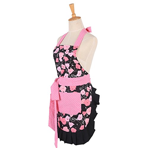 G2PLUS Schön Frau Schürze Baumwolle Blumenmuster Küchenschürze Modische Apron mit Taschen zum Kochen oder Backen (Frau Schürze) - 2