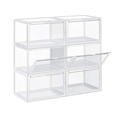SONGMICS Boîtes à Chaussures, Lot de 6, Coffre de Rangement, Empilable, avec Porte, en Plastique Pointure Jusqu'à 46, 36 x 28 x 22 cm, Transparent LSP06CW