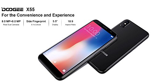 DOOGEE X55 - 5,5 pollici (rapporto 18: 9) HD Android 7,1 3G smartphone, Quad Core da 1,3 GHz 1 GB + 8 GB, fotocamera tripla (5 MP + 8 MP + 8 MP), 2800 mAh - Nero