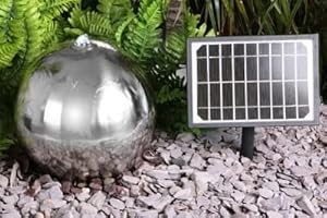 Primrose 45cm Solar Powered Stainless Steel Sphere Patio Garden Water Feature Fountain with LED Lights & Reservoir