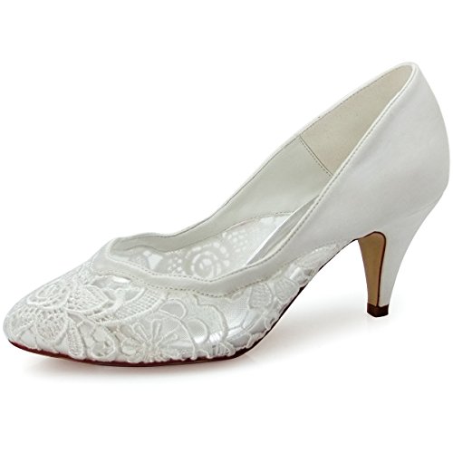 Elegantpark HC1501 Ivory Women's Almond Toe Rippled Edge Cone Heel Lace Satin Wedding Bridal Shoes UK4