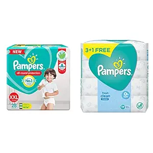 Pampers New Diapers Pants, XX-Large (28 Count) & Pampers Fresh Clean Baby Wipes - 64 Wipes/Pack (Buy 3 Packs Get 1)