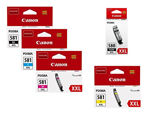 Canon Lot de 5 cartouches d'encre d'origine 580pgbk XXL + CLI-8 581 XXL Multipack Noir, Cyan, Magenta, Jaune (op1998 C001 a)