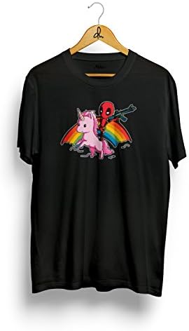 Giftee Deadpool Riding Unicorn T-Shirt (Small, Black)
