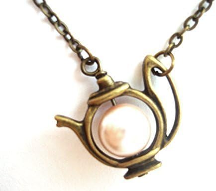 Tea Cup Necklace, Pearl Necklace, Antique Teapot with Pearl, Bridal Jewelry,Teapot Pearl Necklace Brass Charm Whimsical Jewelry, Mother's DAY Gifts