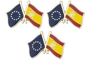 TANTO BADGES Juego de 3 x distintivos metálicos de Bandera de España y la Unión Europea. 25mm x 16mm