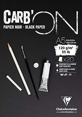 Clairefontaine 975038C - Un bloc encollé Carb'On 20 feuilles noires 14,8x21 cm 120g, Couverture noire