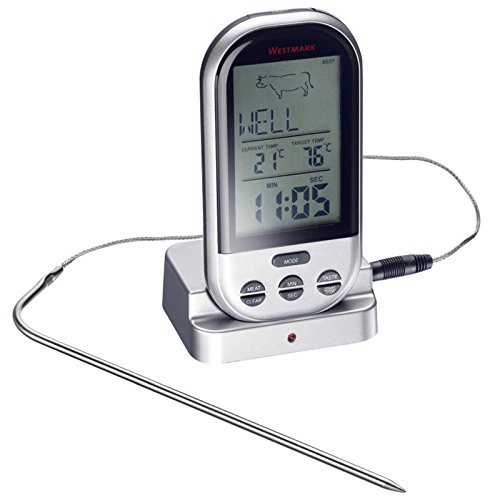 Westmark Digitales Funk-Bratenthermometer mit großem Display, Tragbar, Reichweite bis 30 m, 13 x 7,6 x 5,5 cm, Rostfreier Edelstahl/Kunststoff, Silber, 12922260