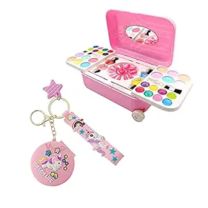 VikriDa Combo Set of Girls Cosmetic and Real Makeup Palette with Unicorn Pocket Mirror Keychain and Keyring for Kids ( Only Pink )