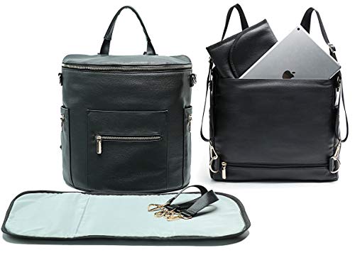 Wickelrucksack von Miss Fong, Wickeltasche Rucksack, Baby Wickelrucksack, Lederrucksack Damen Mit Wasserdichte Wickelauflage, Kinderwagengurt (Schwarzes Neues Cabrio)
