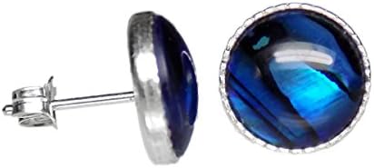 10mm Round Blue Abalone Paua Shell Cabochon 925 Sterling Silver Ear Stud Earrings Pair