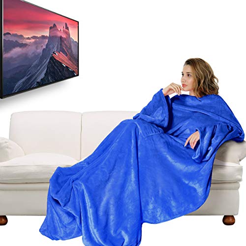 Josechan Manta con Mangas 180 x 200CM paño Grueso y Suave Manta con Mangas y Bolsillos, 50 cm Bolsa de Pie Manta TV Descansar a Adulto Super Suave Tiro Bata de salón sofá o Cama