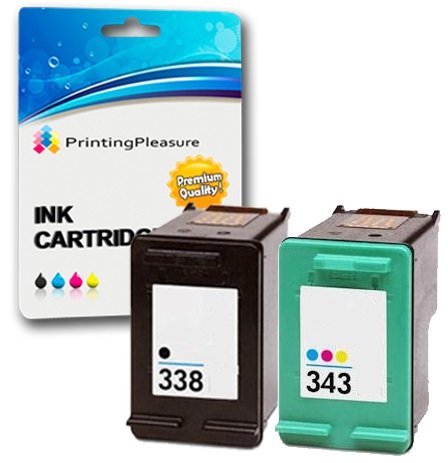 Printing Pleasure 2 Compatibles HP 338 & HP 343 Cartuchos de Tinta para Photosmart 2610 8150 8750 C3180 DeskJet 460 460c 5740 OfficeJet 100 150 6210 7310 H470 PSC 2355 - Negro/Color, Alta Capacidad