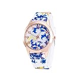 yanana Frauen-M?dchen-Blumendruck-Uhrenarmband-Quarz-runde Form-Silikon-Uhr-Armbanduhr
