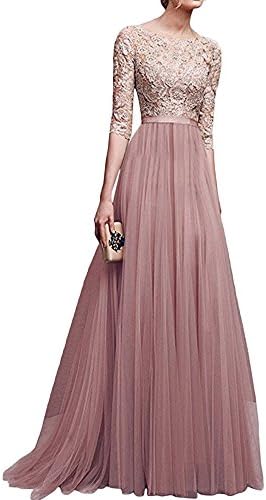 Quge Women's Floral Lace Prom Ball Gown 3/4 Sleeve Formal Cocktail Evening Long Dresses Apricot XL