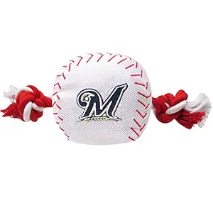 MLB MILWAUKEE BREWERS Baseball Rope Toy for DOGS & CATS. Tough nylon, Sporty Baseball Design, Heavy-duty ropes with Inner SQUEAKER