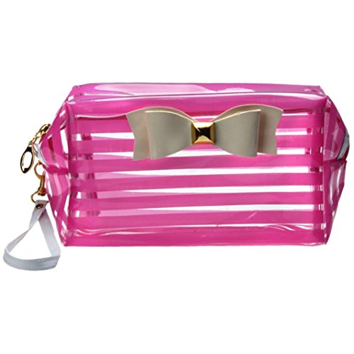 DDLBiz Portable Stripe Bowknot Waterproof Travel Makeup Cosmetic Container Pouch Handbag Holder Bag (Hot Pink)