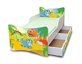 BEST FOR KIDS KINDERBETT mit Schaummatratze mit TÜV ZERTIFIZIERT 90x200 MIT ZWEI SCHUBLADEN 25 DESIGNS (**Kinder**, Dinosaurier)