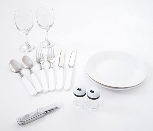 Picknickkorb-Set für 2 Personen, Picknicktasche Weiden-Korb, Porzellan Glas Edelstahl, weiß-rot - 8