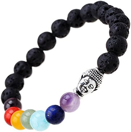 JILIN Jewelry Unisex Womens 7 Chakra Stones Bracelet Healing Energy Gemstone Bracelet with Antique Silver Buddha Charm (Black Lava Rock Stone)