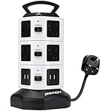 J-Bonest Power Strip 10 Way Outlets with 4 USB Ports 2m/6.6ft Extension Lead 2500W Vertical Power Strip with Overload Protection and Surge Protector - Black