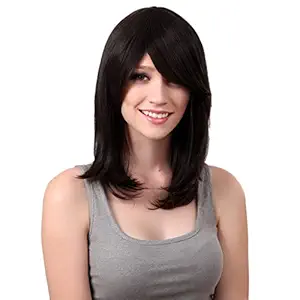 Akashkrishna Fashion Women Full head Shoulder Length Straight 100% Synthetic Hair Wigs With Cap Side Bangs for Ladies/Girls