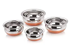 SKARS Stainless Steel, Copper Handi Set, 250ml, 500ml, 1000ml, and 1500ml, 4 Piece (Silver) Cooking Bowl, Punjabi Pot Pan Combo Handi/Urli