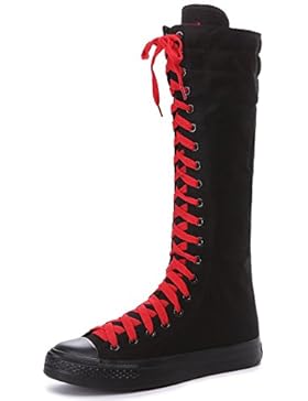 Jamron Mädchen Damen Modisch Knie Hoch Schnüren Segeltuch Stiefel Rein Weiß Leinenschuhe Schwarz Leinenschuhe...