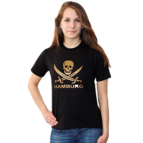 Preisvergleich Produktbild Sonia Originelli Kinder T-Shirt mit Hamburg Totenkopf Säbeln Piraten Skull Crossbones TSCH4-TK (10 / 140, Schwarz)