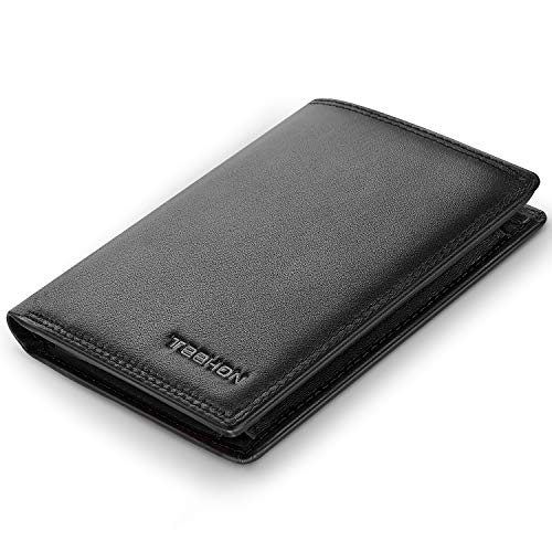 TEEHON® Wallets Mens RFID Blocking Genuine Leather with 12 Credit Card Holders, Coin Pocket, 2 Banknote Compartments, ID Window, Bifold Vertical Slim Wallet for Men with Gift Box- Black