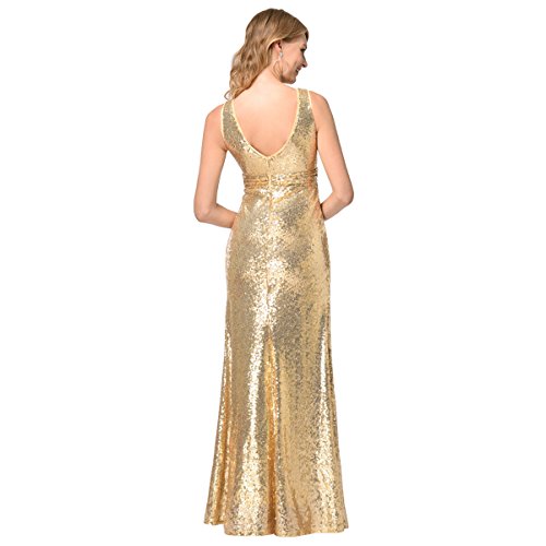 EALSN Frauen Pailletten Abend Party Kleider Sleeveless V-Ausschnitt Cocktail Lange Kleider,Gold-S - 2