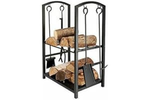 HOMEZONE Firewood Log Rack with 4 Pcs Fireplace Tools, Fireside Tools Storage Logs Holder with Poker, Tong, Brush and Shovel, Indoor Outdoor Wood Storage Stacking Stand