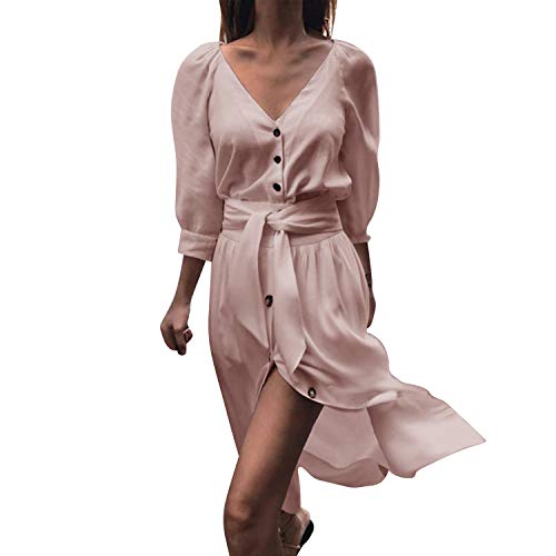 Lisli Robe Col V Boutonné Manches 1/2 Taille Ceinturée Vintage Tunique Plissage Classique Automne Printemps Rosé 40FR(Tour de Poitrine:92cm)