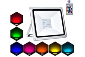 LACYIE Projecteur LED Extérieur RVB, 50W 5000LM Spot LED de Couleur avec Télécommande,16 Couleurs,4 Modes et 8 Luminosité IP65 Étanche Éclairage de Sécurité pour Jardin,Fête,Cour,Terrasse,Garage