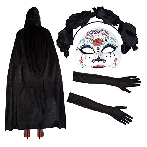 Robelli Donna Messicano Teschio di zucchero GIORNO DEI MORTI Costume Halloween - Maschera/FASCIA/velluto MANTELLA / Ganti in pizzo - Maria