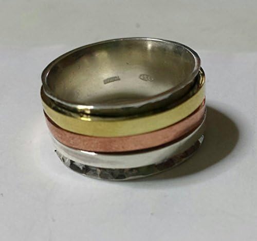 Personalized text, sterling silver ring with 3 spinner rings of copper, silver and brass; anxiety ring with personalized text.