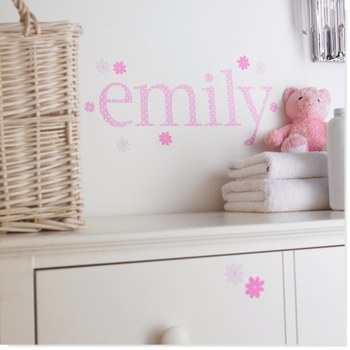 Personalised Name Wall Letter Stickers, Pink Polka A, 10-16 cm high. Each letter comes with two separate flower stickers. A-Z a-z &. Price is per letter.