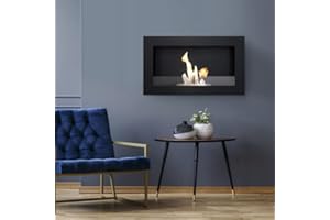 KRATKI Golf 2 Camino a bioetanolo da interno + Ciottoli + Imbuto + Set per aromaterapia Biocontenitore a parete 0,2 l Acciaio verniciato a polvere certificato TÜV con vetri 36 x 62 cm