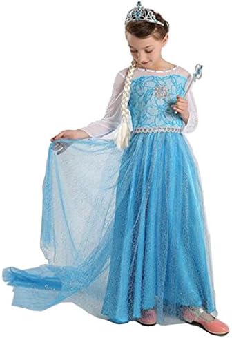 Tokkids Official Disney Frozen Deluxe Elsa Costume, Fancy European Dress up for girls, Girl's Disney Elsa dress (Light blue, 120-height130cm/5Y)
