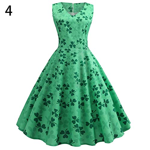 Kalaokei St. Patrick's Day Femmes sans Manches Clover Imprimer Slim Fit Zipper Robe TrapššZE midi