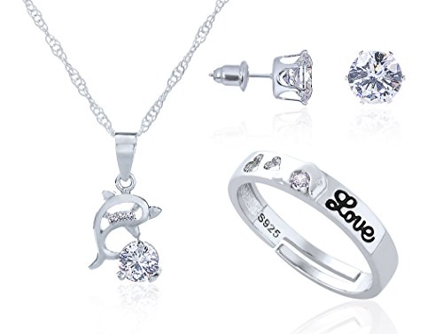 Juego de Joyas - 925 Plata esterlina Conjunto Colgante de Collar y Pendientes y Anillo Ajustable delfín Cristal para Mujer Adolescente niña pequeña mamá - Accesorio joyería de Regalo Premium