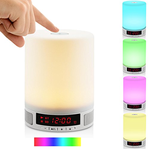 Preisvergleich Produktbild NEU! Moobibear® Intelligenter Multifunktions-Lichtwecker mit integriertem Bluetooth-Lautsprecher; Lampe Lautsprecher Wecker MP3-Player; tragbare Musik Sound Box mit LED, Nachtlicht mit Touch Control, 4 Dimmstufen! ! (Touch Lighting Sensor); Wecker und integrierte Lichtquelle mit eingebautem, über USB wiederaufladbarem, 1800mAh Akku - unterstützt Freisprecheinrichtung bei gekoppeltem Mobiltelefon; geeignet für den Innen und Aussen (Camping)! Auch als Dekoration, zum Arbeiten, oder Lesen