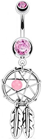 Azzire 316L Surgical Steel Cubic Zirconia Pink Stone Dream Catcher Net with Bead &amp; Feathers Fancy Navel Belly Bar